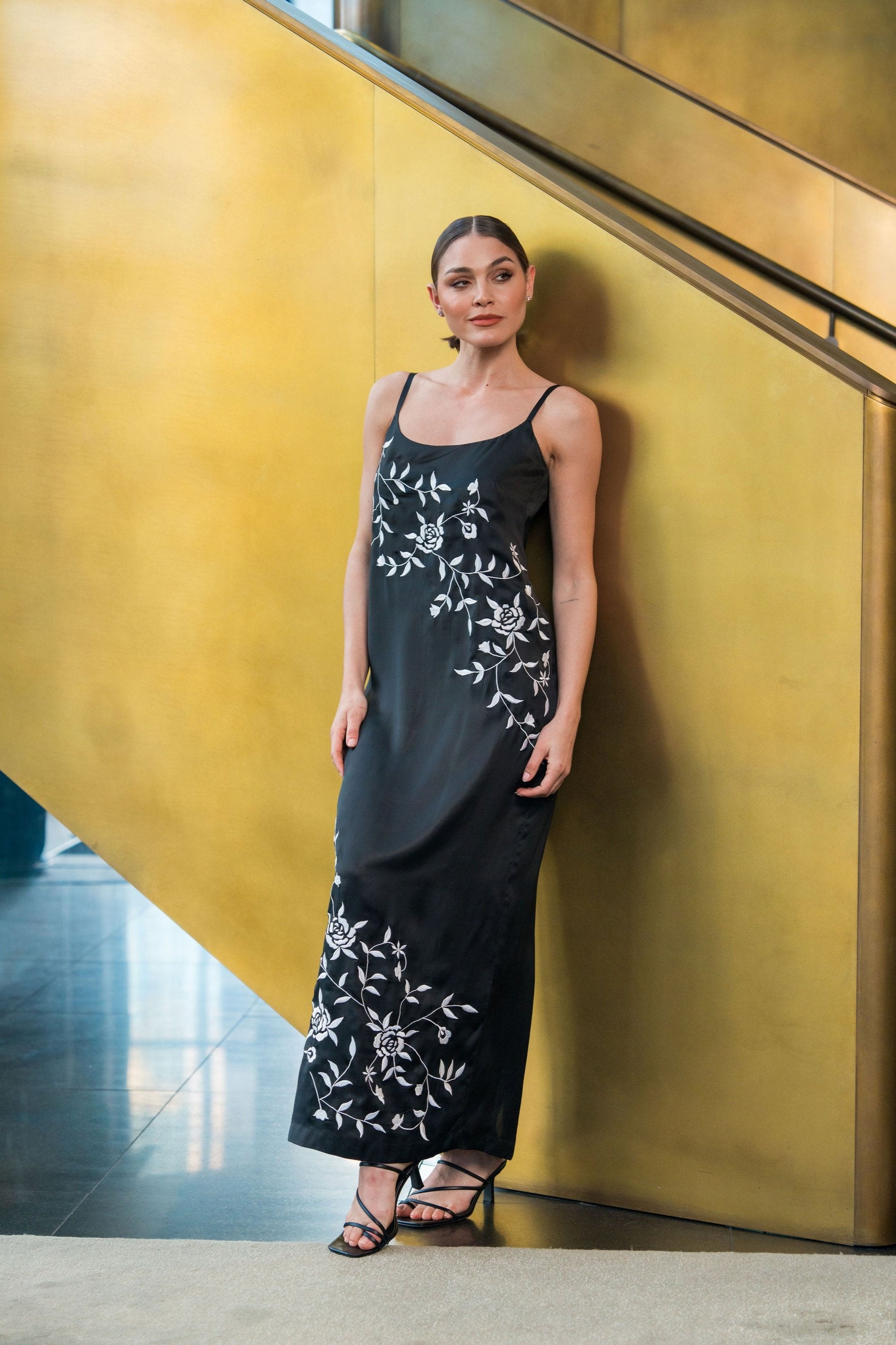 Camille black full length column dress with contrast white embroidery