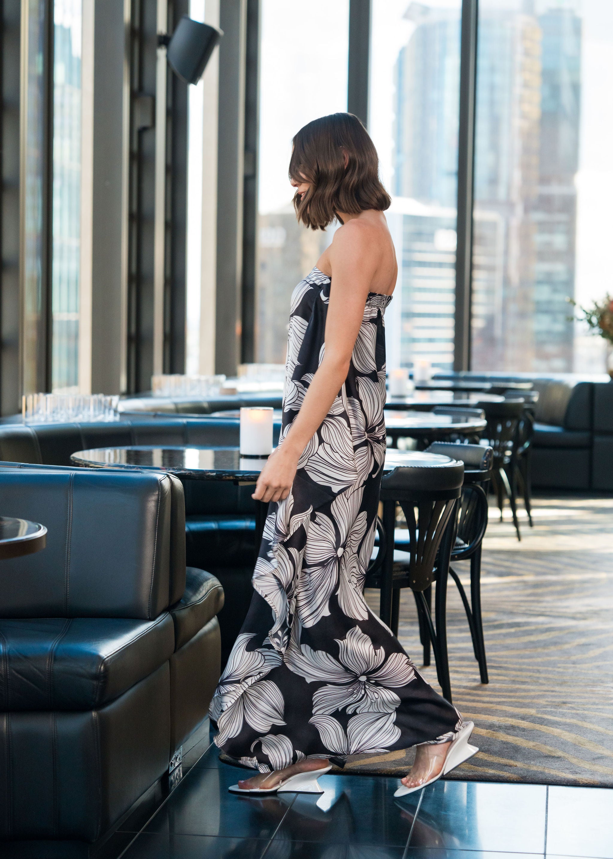 Strapless full length black and white floral print dress with side scarf detail