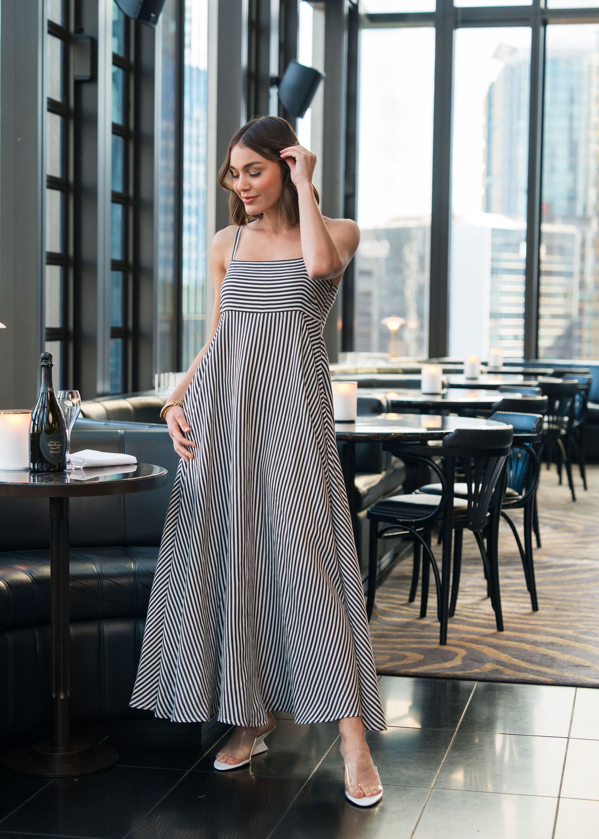 The Romilly sundress in a refined black and white stripe linen blend