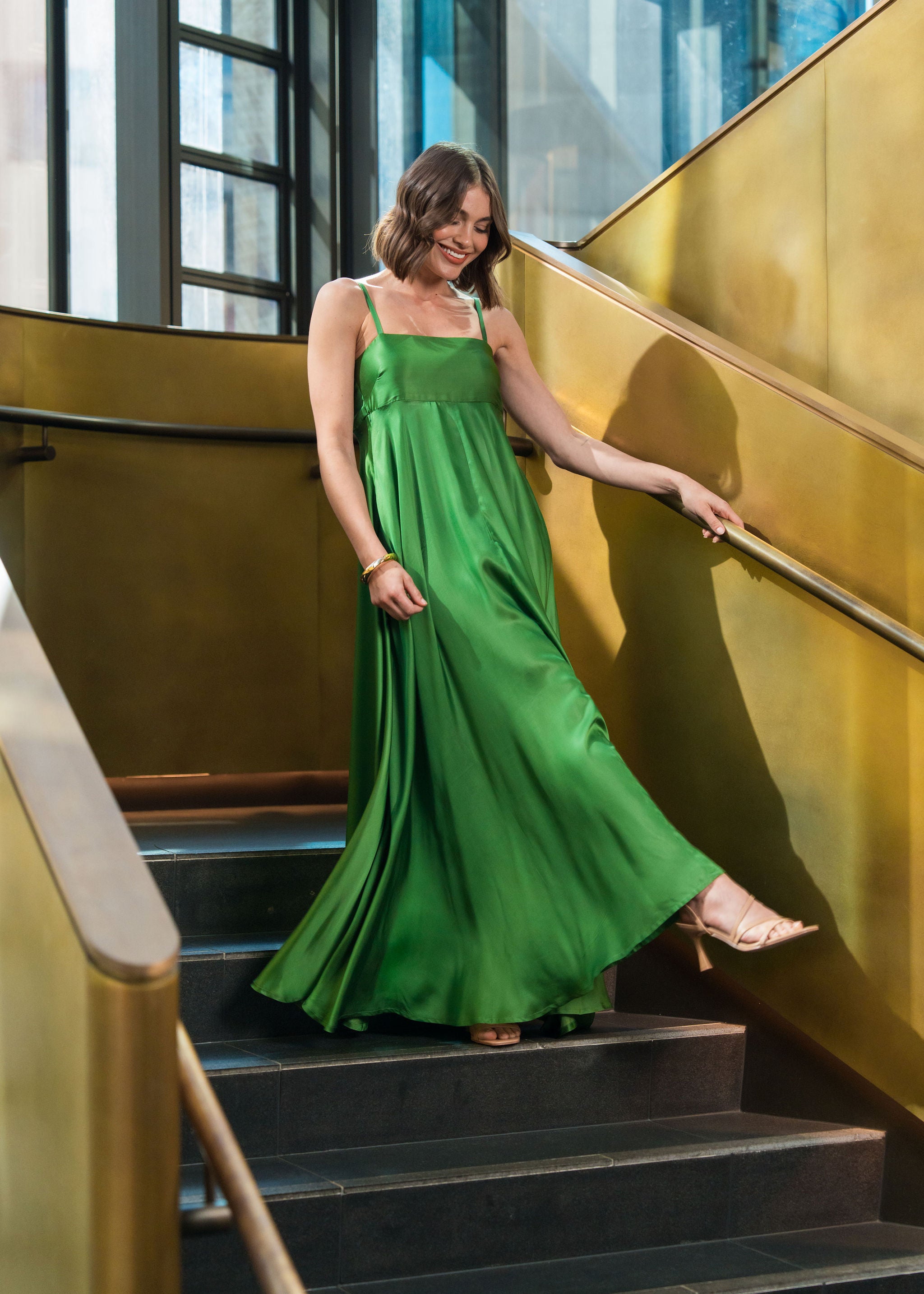 Green sundress with square neckline and full skirt